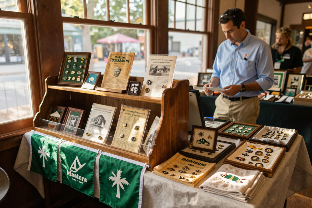 Craft fair display of framed art and jewelry on wooden tables, with a man browsing beside it