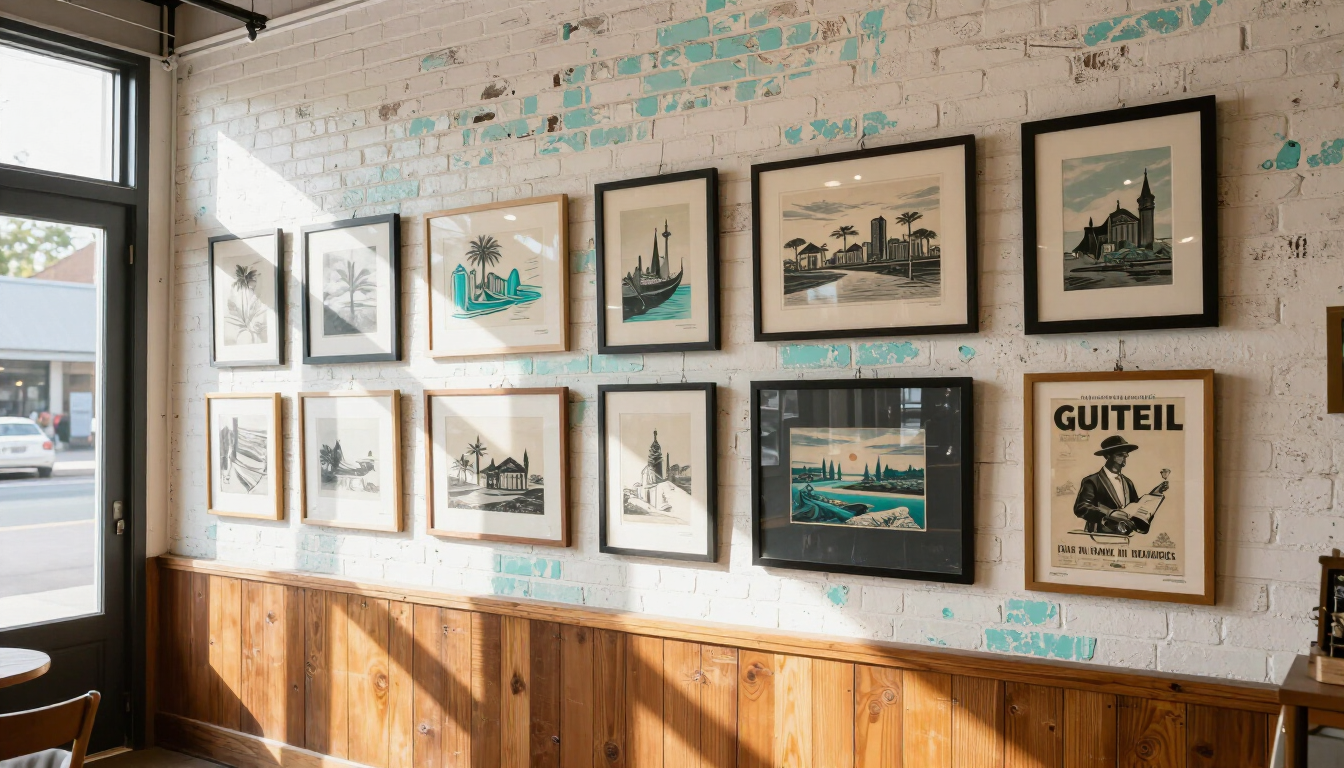 Framed prints on a white brick wall above a wooden bench in a bright, sunlit room