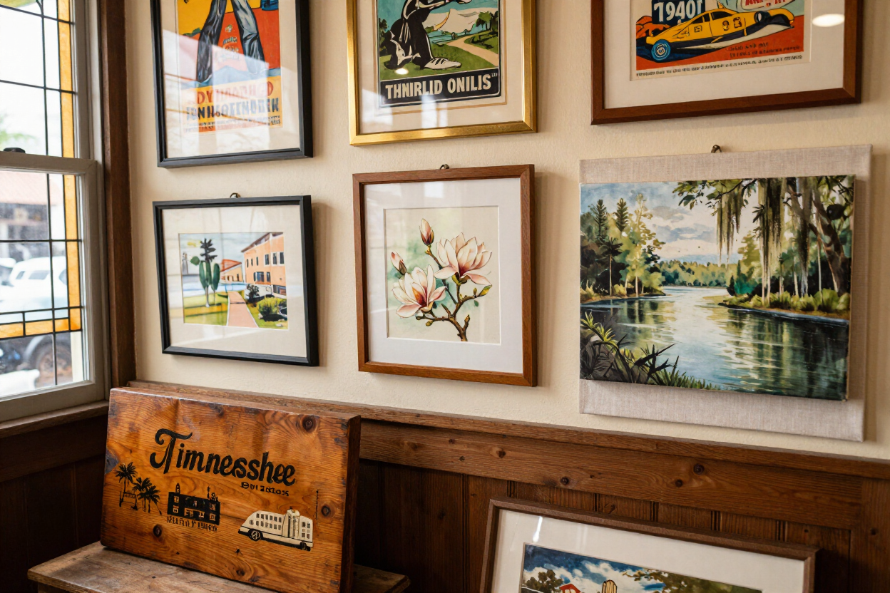 Framed artwork on a wood-paneled wall above a bench in a cozy room