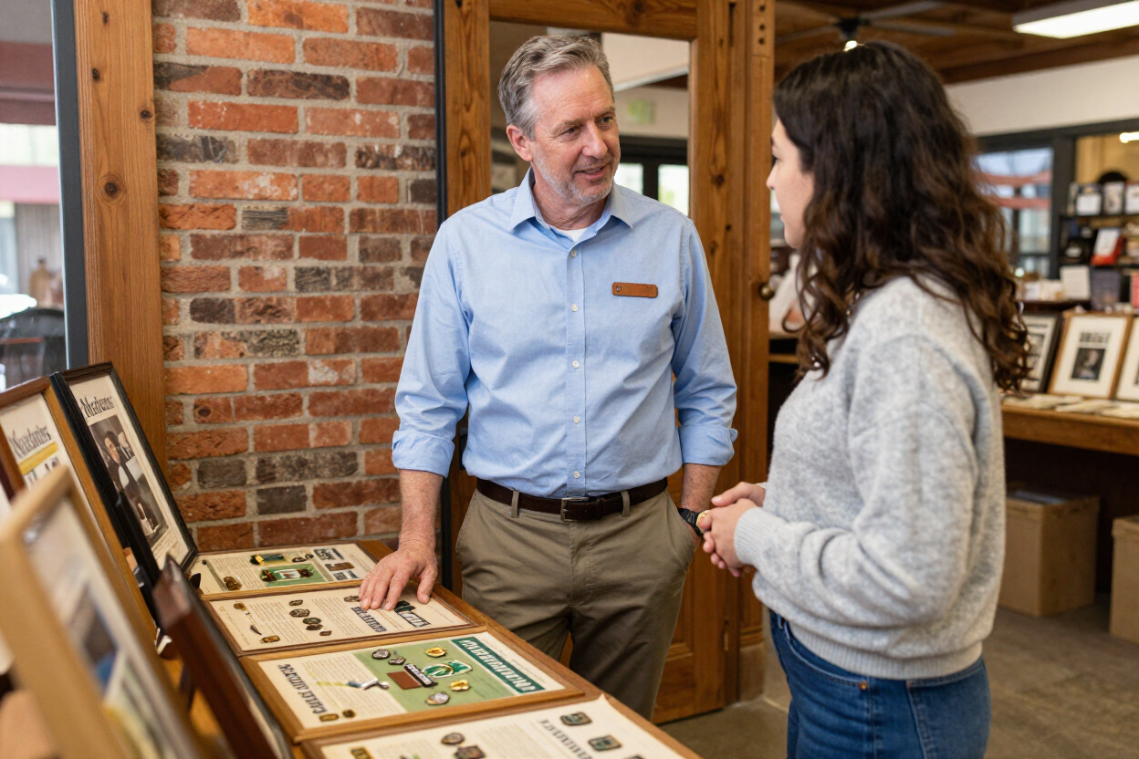 Two people talking beside a display of framed art in a gallery shop.