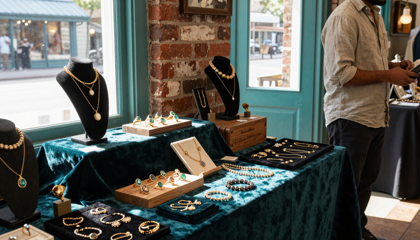 Jewelry display on teal tablecloth beside a brick wall and window in a shop.