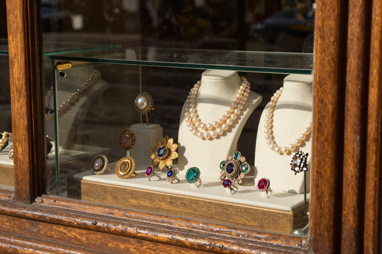 Jewelry store display case with pearl necklaces and colorful gemstone rings on white busts