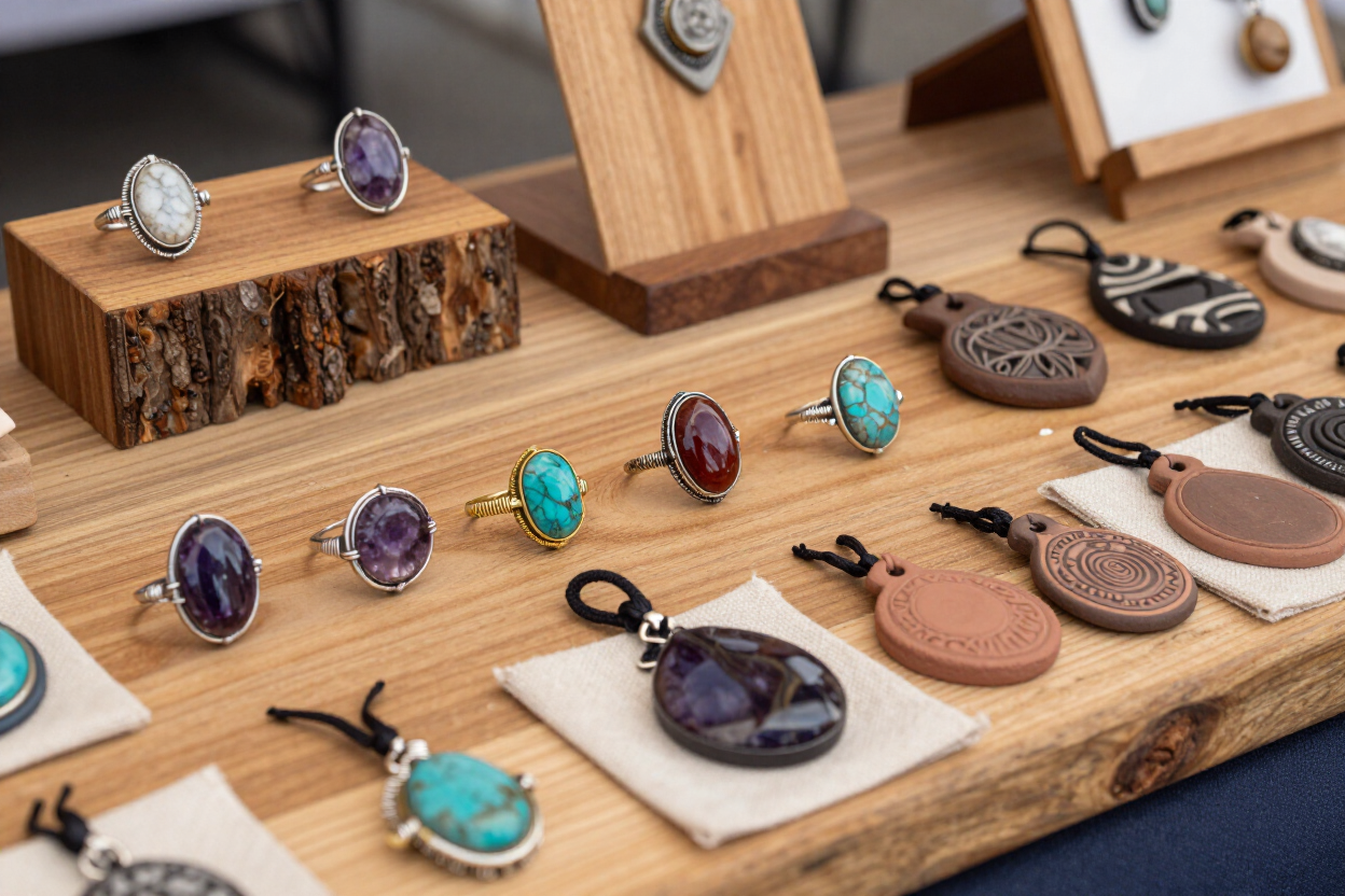 Handmade gemstone jewelry displayed on wooden stands and a tray at a craft market