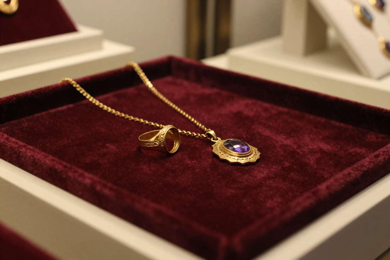 Antique gold ring and vintage pendant necklace on display at jewelry shop in Augusta