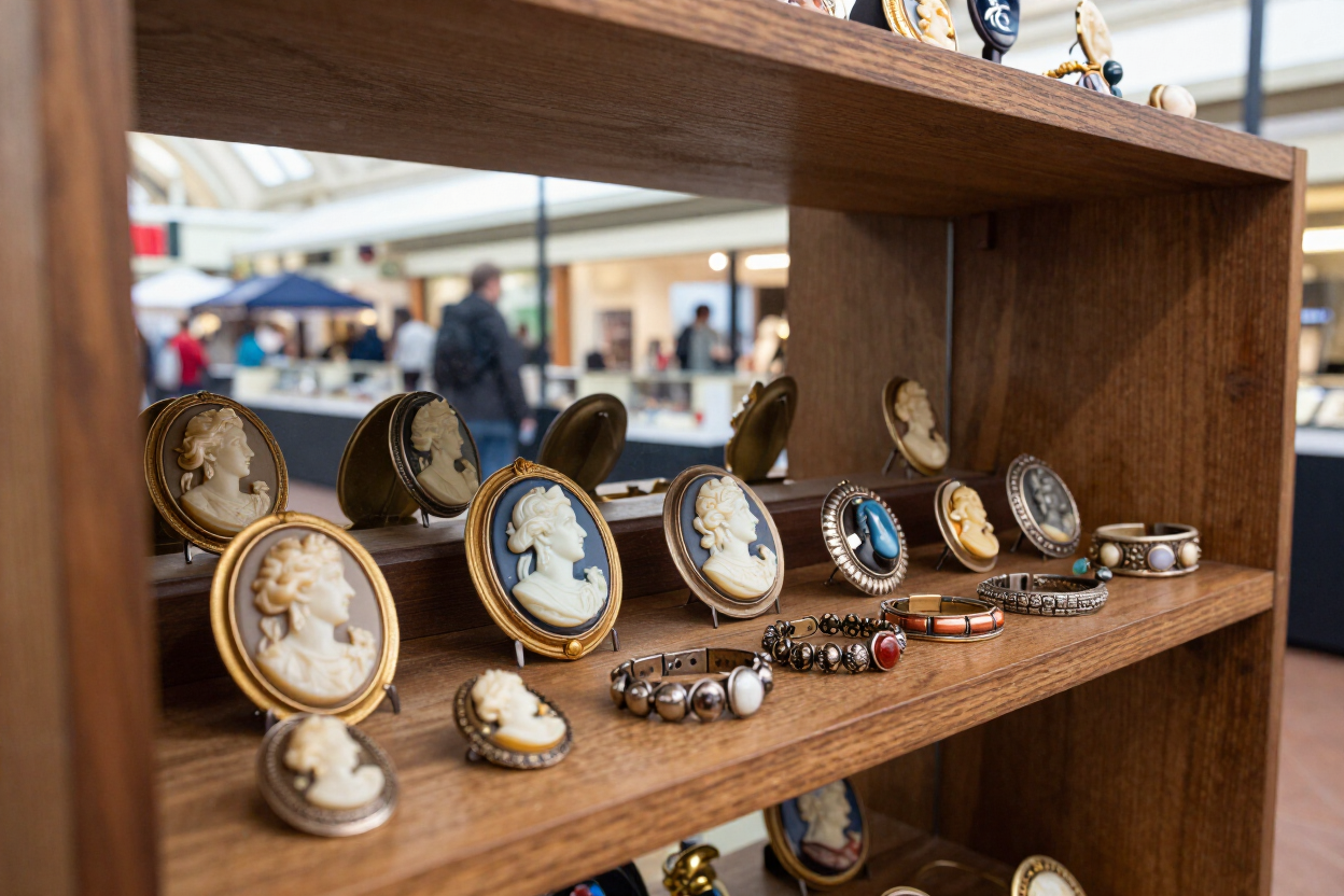 Collectible jewelry including brooches and vintage bracelets on display at Augusta marketplace