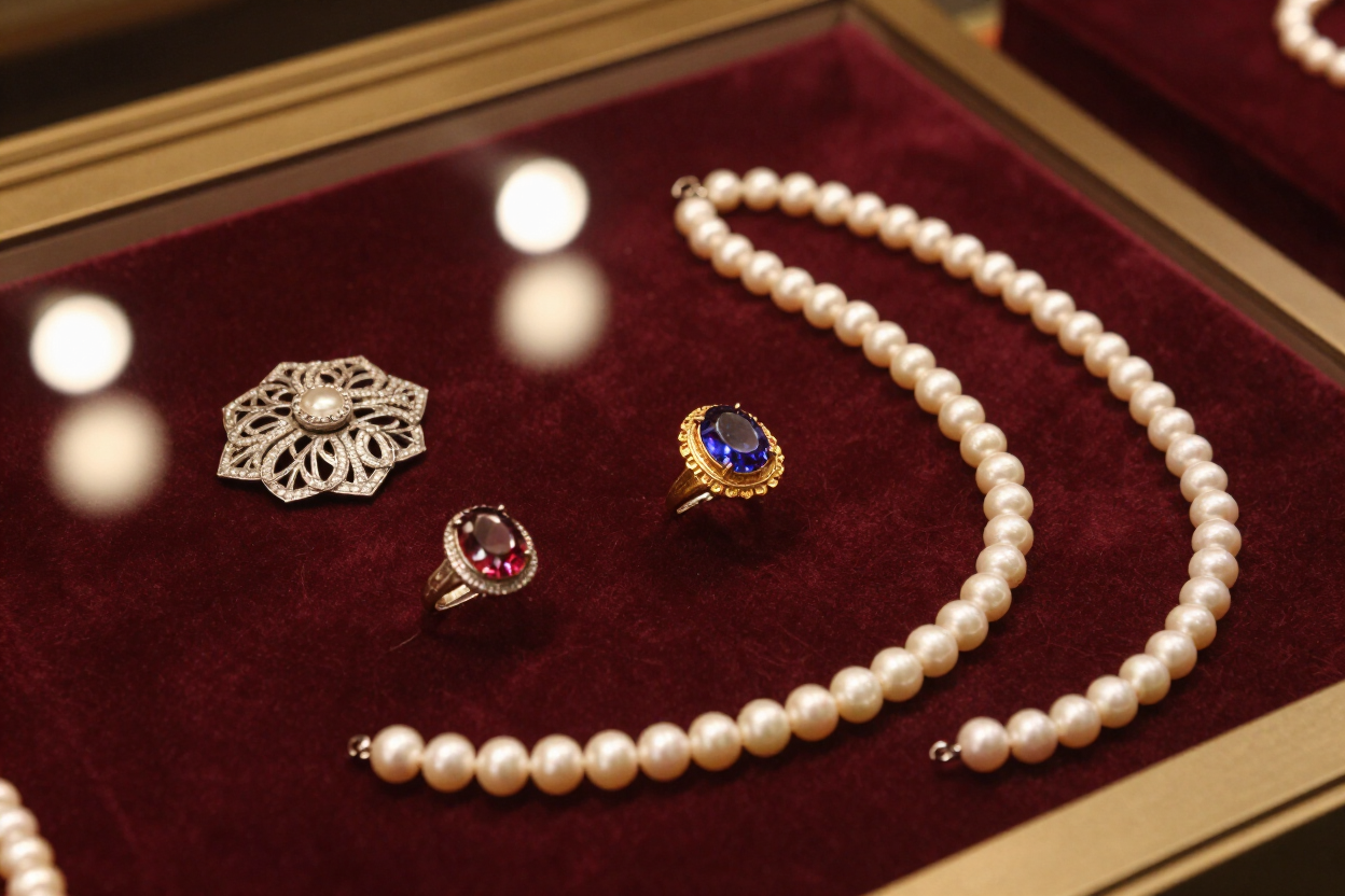 Estate jewelry including rings and brooches displayed at Uptown Marketplace in Augusta, Georgia