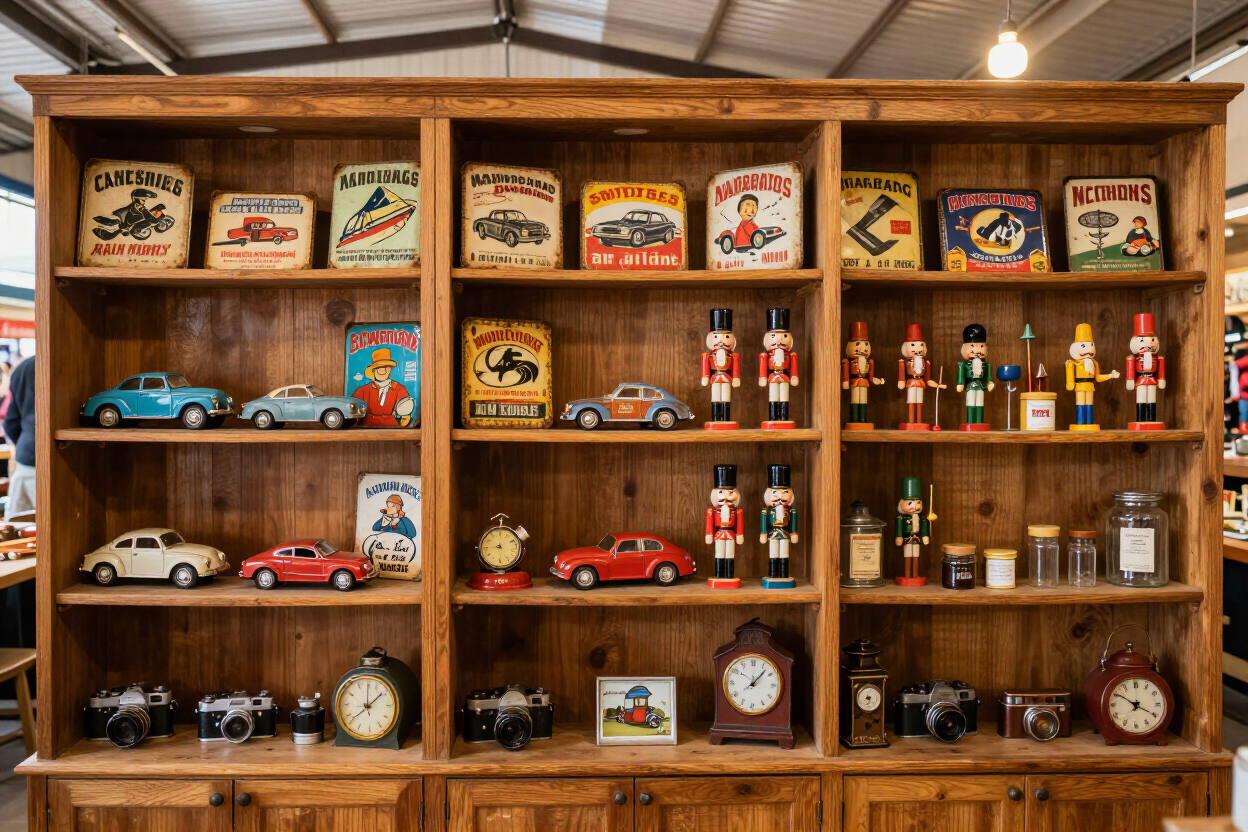 Vintage collectibles and tin signs on shelves inside Uptown Marketplace in Augusta, Georgia