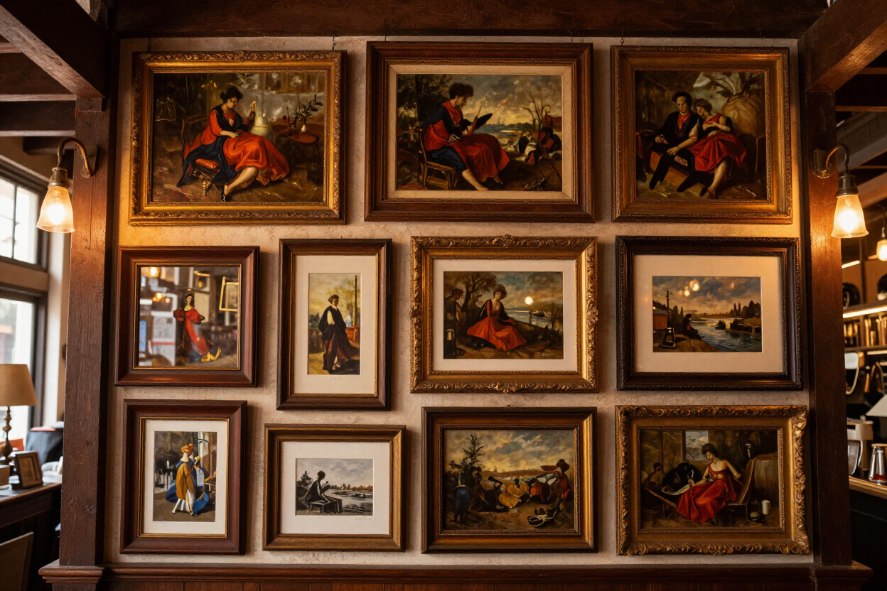 Framed vintage wall art and oil paintings inside Uptown Marketplace in Augusta, Georgia