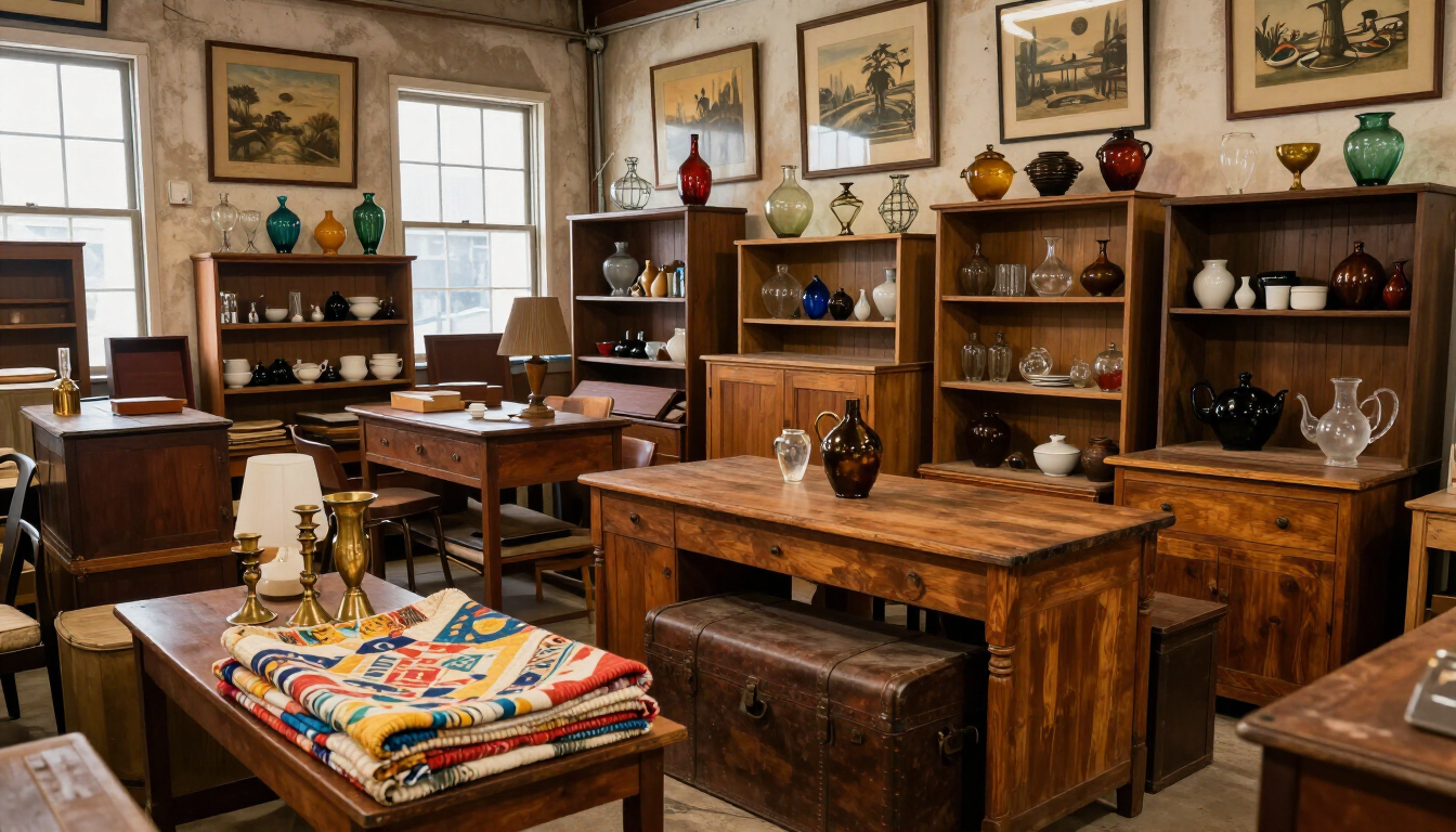 Antique-filled room with wooden furniture, shelves, framed art, and a colorful quilted bench