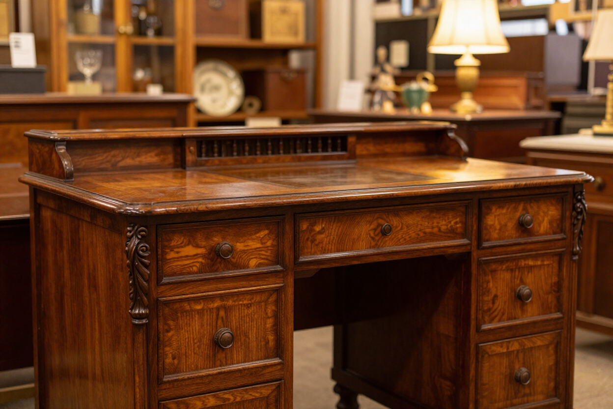 Victorian writing desk among antique furniture at Uptown Marketplace in Augusta, Georgia
