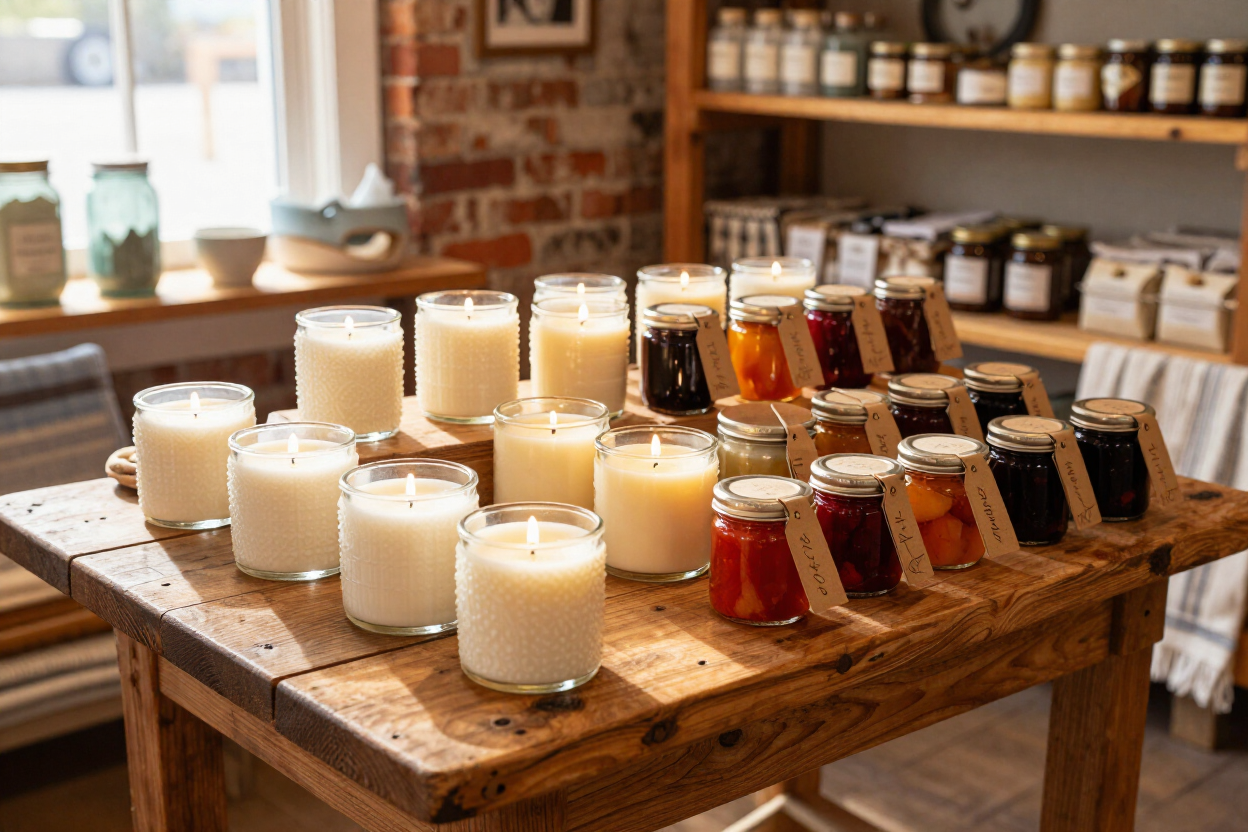 Assorted handmade candles in glass jars displayed on a rustic wooden table in a shop.