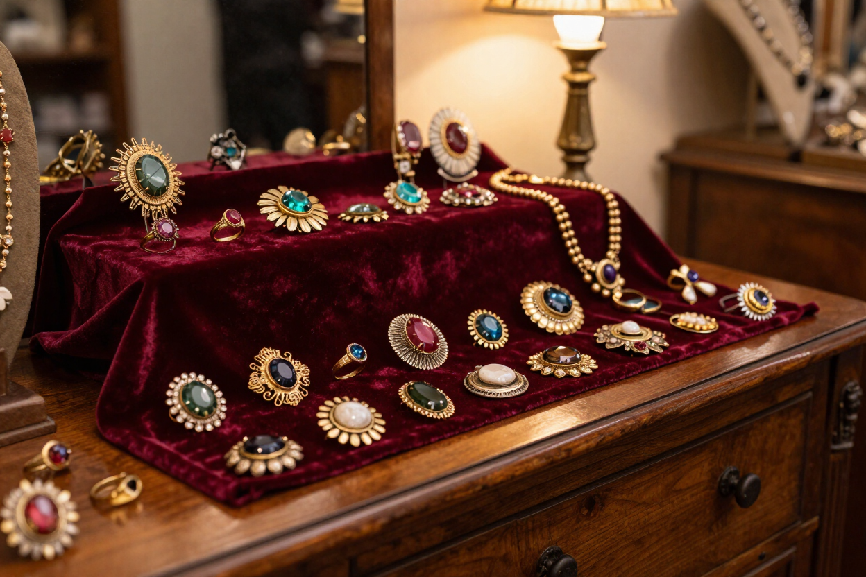 Vintage and handcrafted jewelry display at Uptown Marketplace