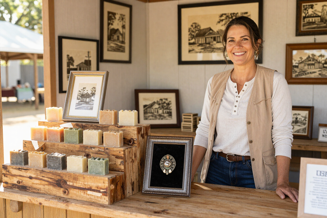 Woman smiling behind a rustic craft display with candles, framed art, and handmade goods indoors