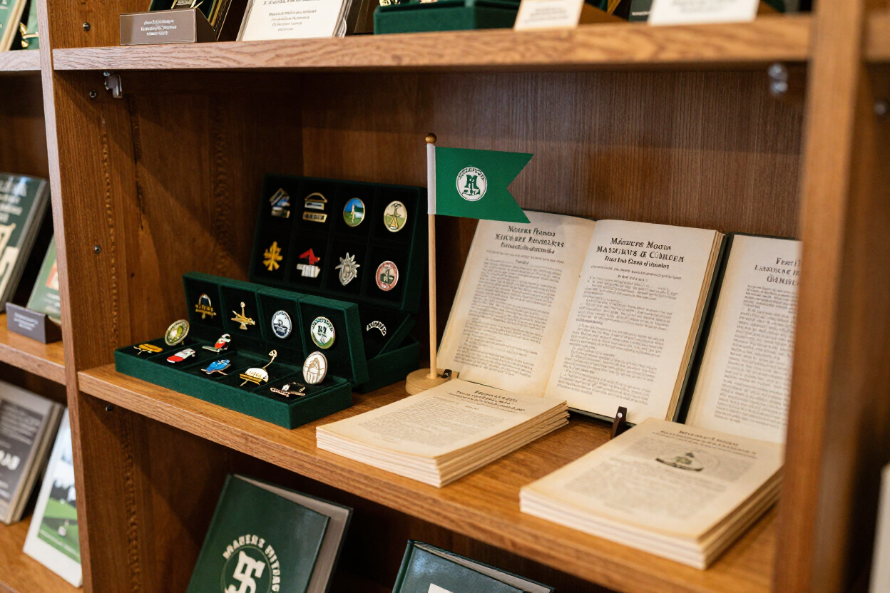Wooden display shelf with open books and green jewelry or medal cases on a countertop.