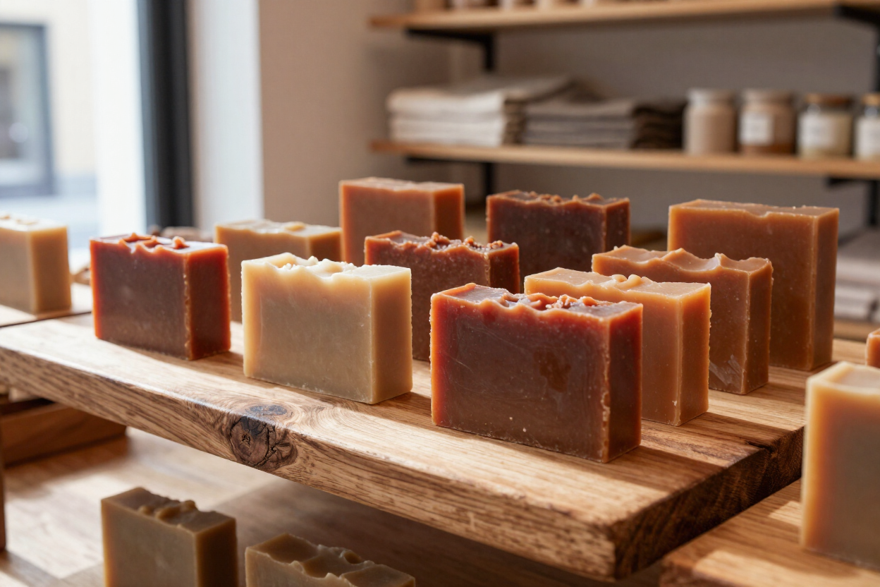 Handcrafted artisan soaps on wooden display at Uptown Marketplace