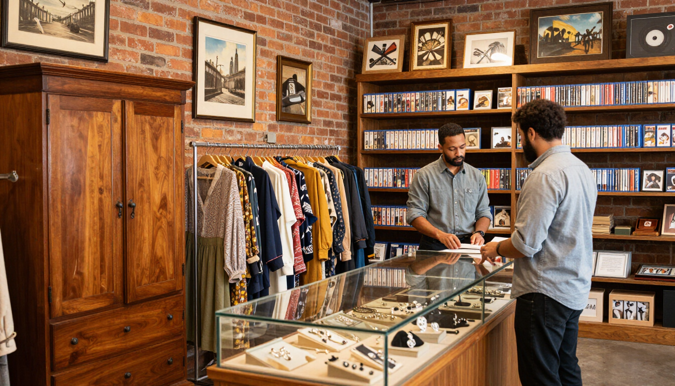 Boutique clothing shop with two men talking beside a glass display case and hanging shirts on brick walls
