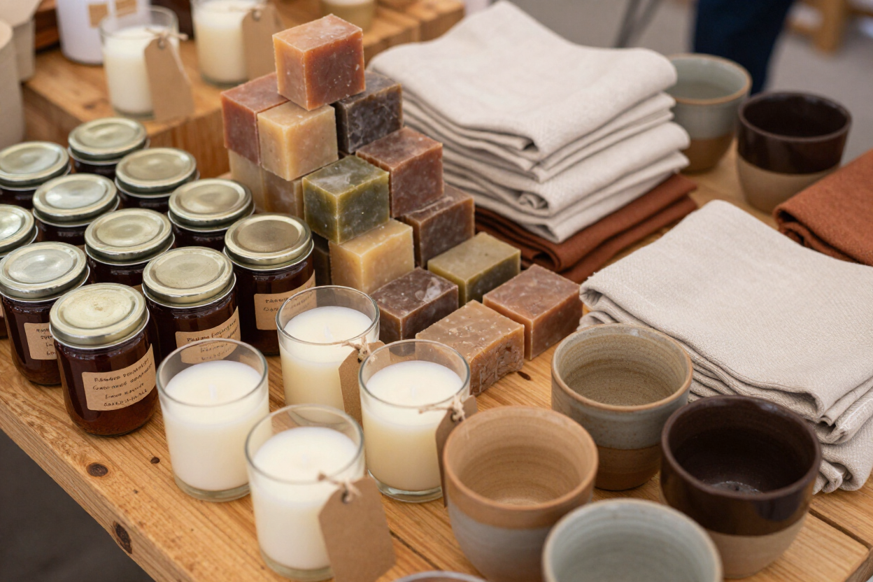 Assorted handmade candles, jars, and folded cloths arranged on a wooden table.