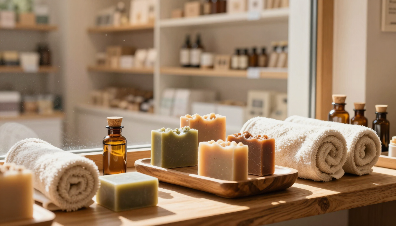 Handmade soaps and rolled towels on a wooden spa table in a softly lit bathroom
