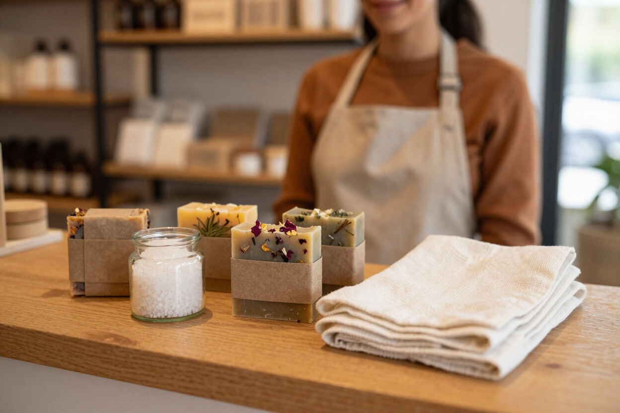 Small dessert cups with a folded napkin on a wooden counter, with a blurred apron-clad person behind them