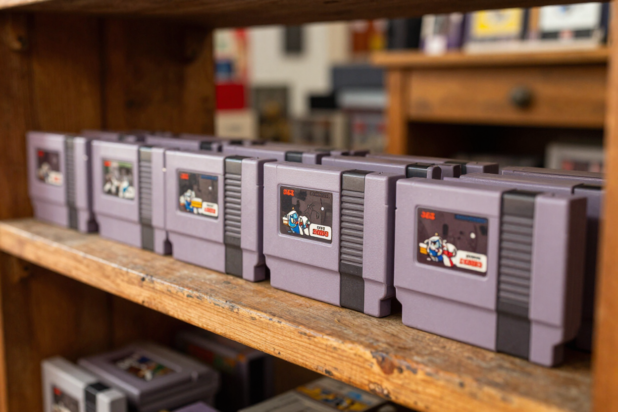 Retro consoles including PlayStation, N64, and Super Nintendo on shelving at Uptown Marketplace