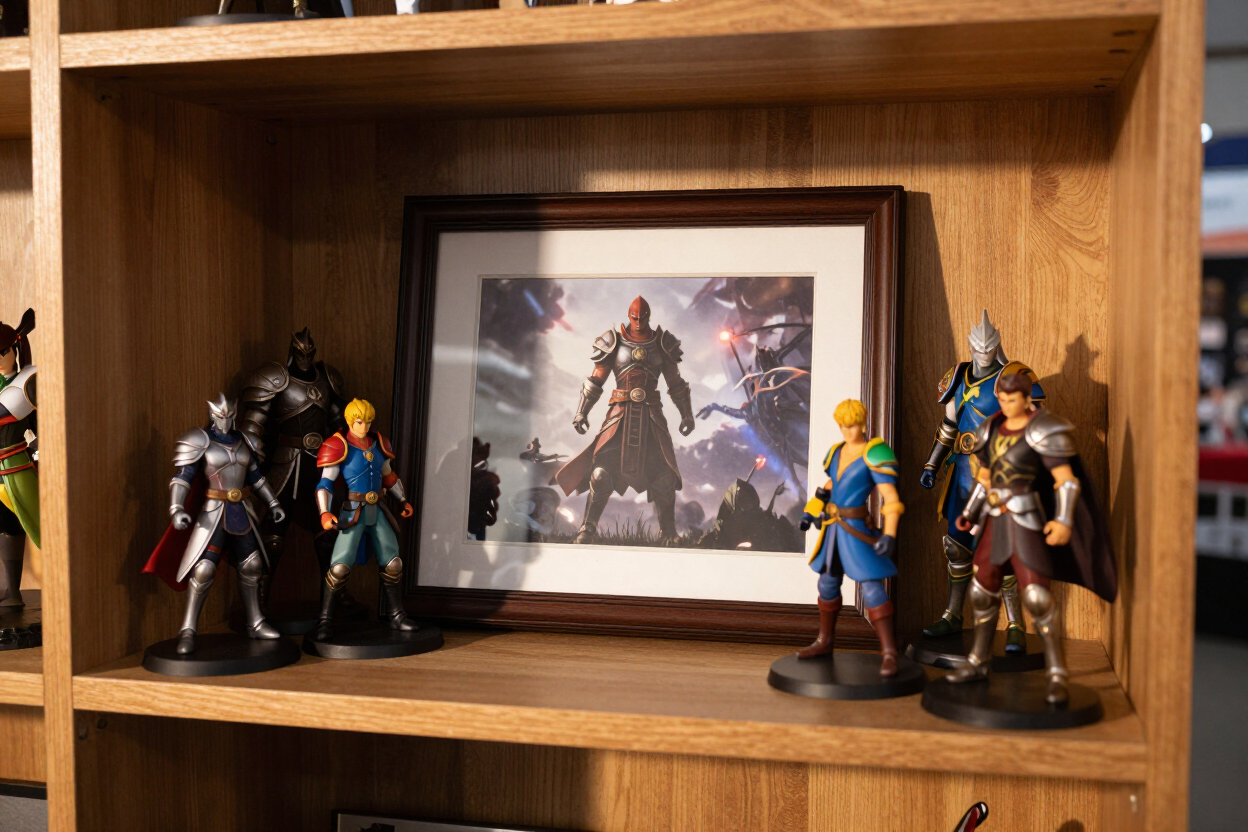 Wooden shelf with five action figures around a framed sci-fi poster