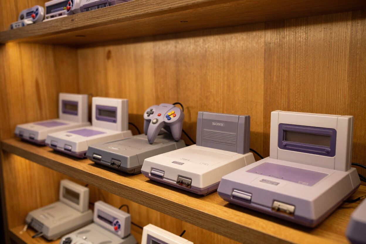 Rows of retro Nintendo consoles and game controllers displayed on wooden shelves