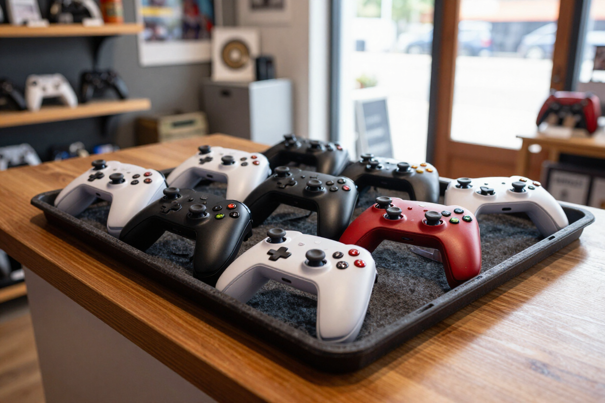 Game controllers and accessories on a display tray at Uptown Marketplace in Augusta Game controllers and accessories on a display tray at Uptown Marketplace in Augusta