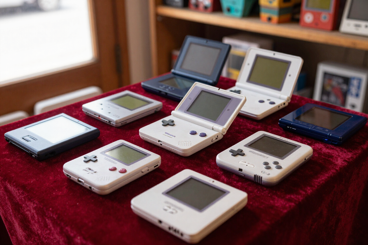 Several handheld video game consoles displayed on a red tablecloth