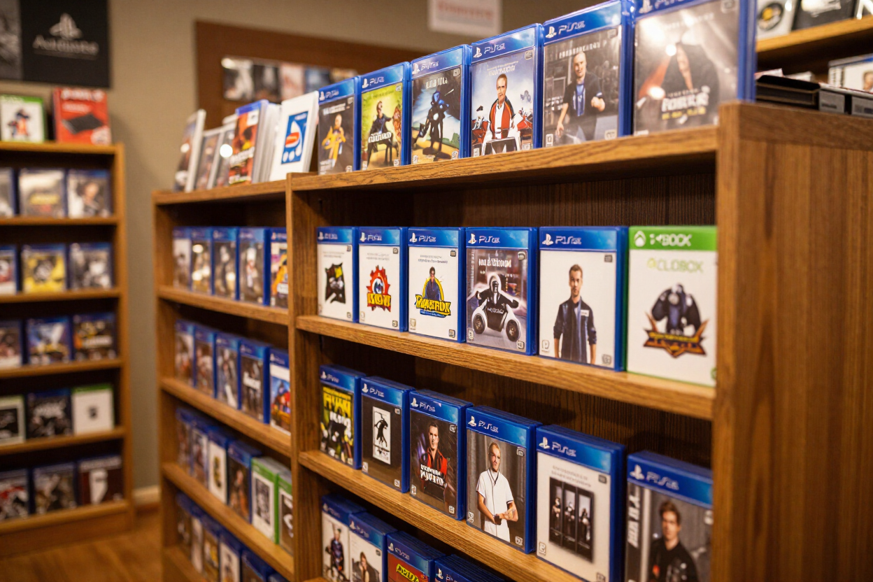 PlayStation and Xbox disc cases on wooden shelving at Uptown Marketplace