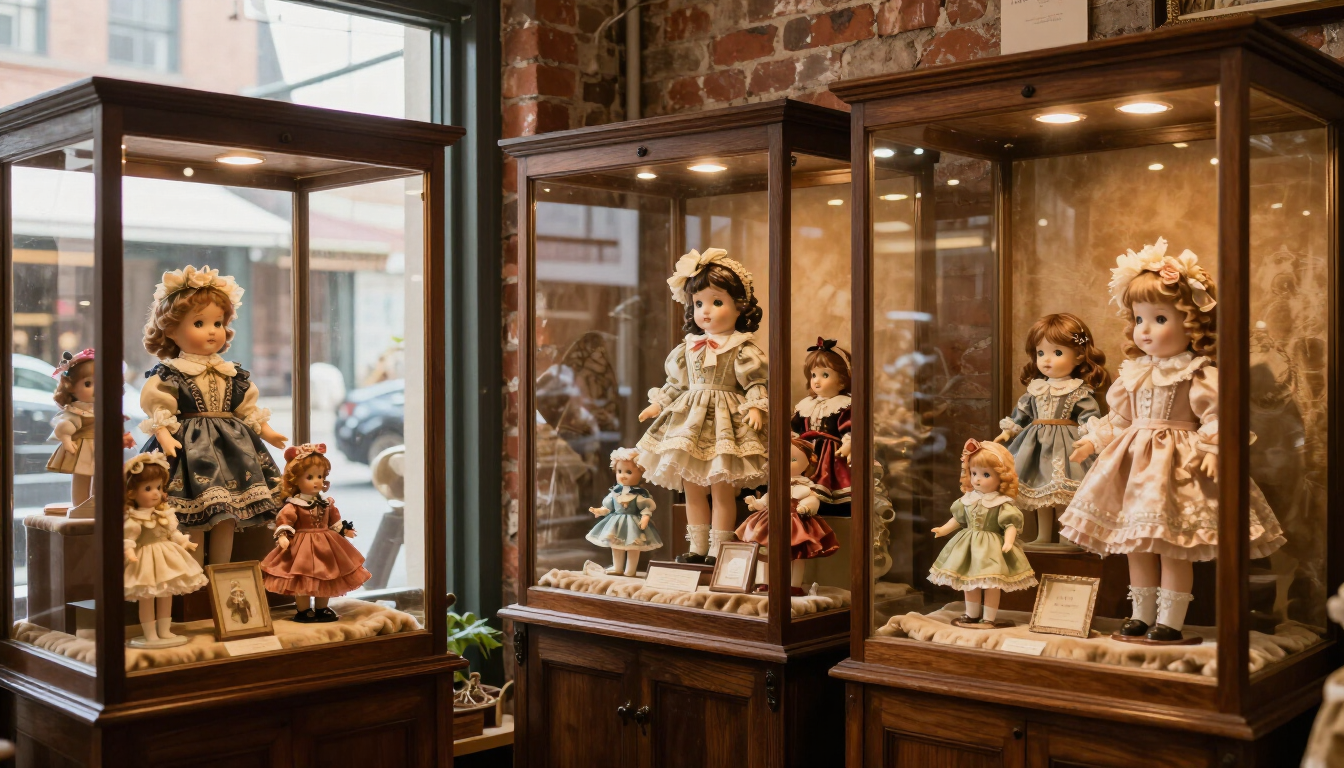 Porcelain dolls in glass display cabinets inside a shop window