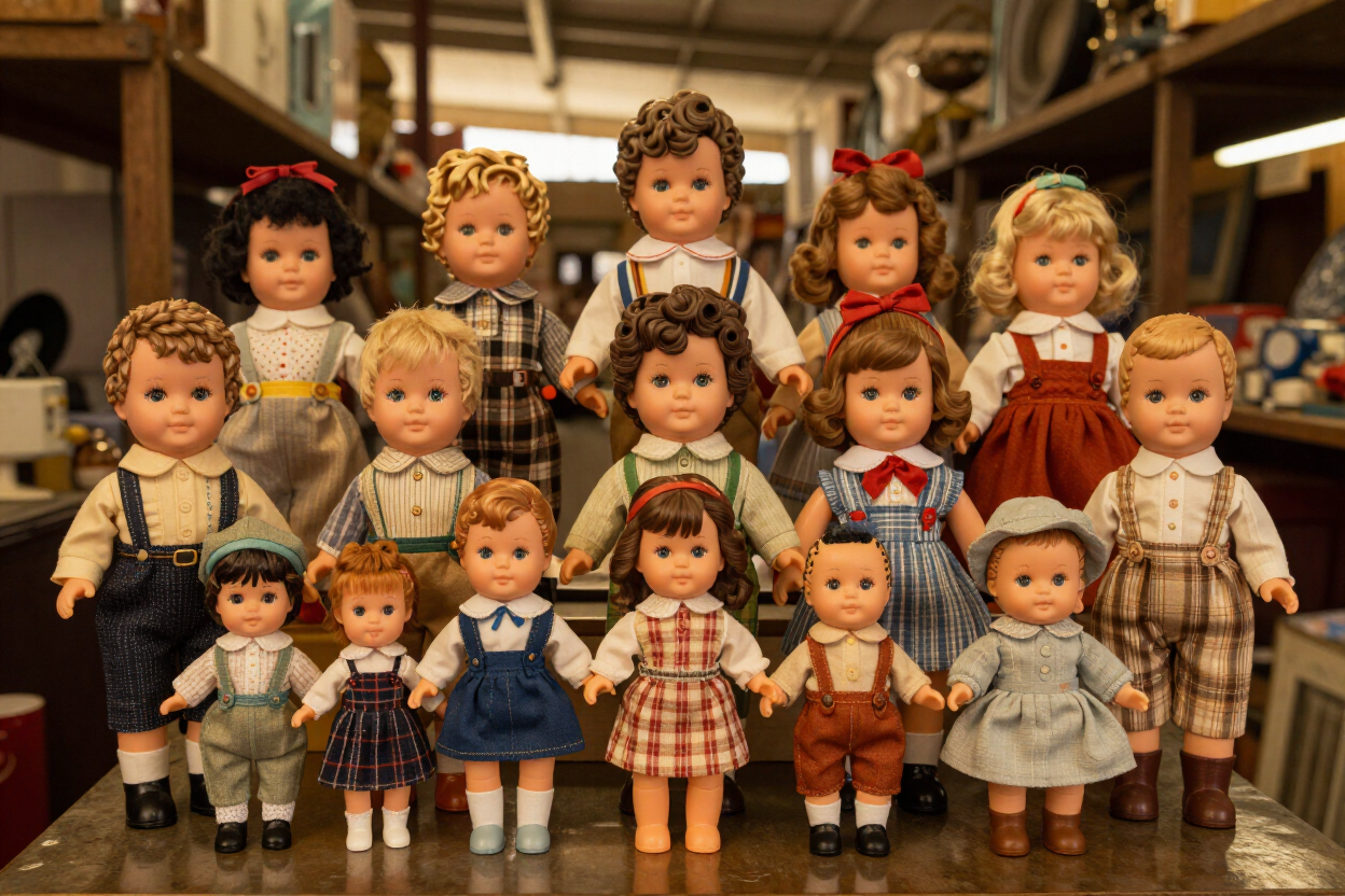 A row of vintage dolls posed on shelves indoors, wearing colorful dresses and casual clothes.