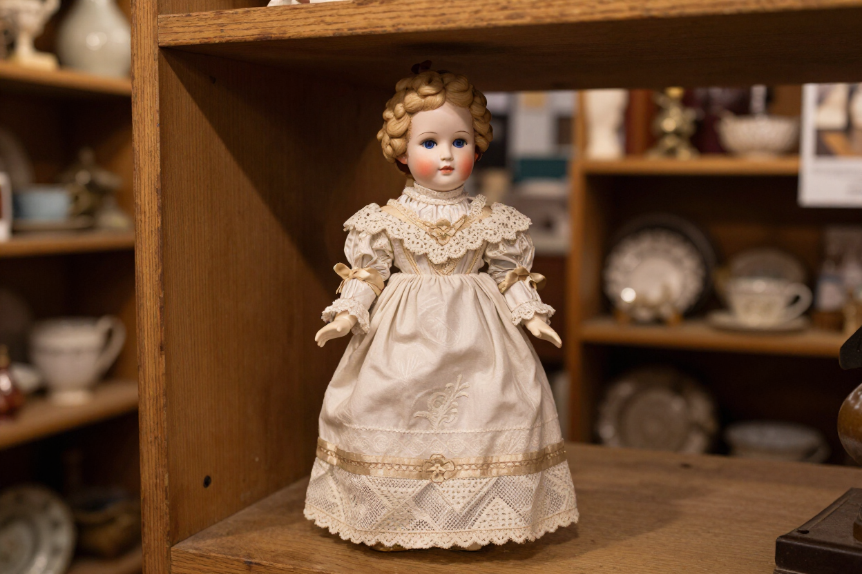 Antique bisque porcelain doll with period dress at A Doll's World inside Uptown Marketplace Augusta