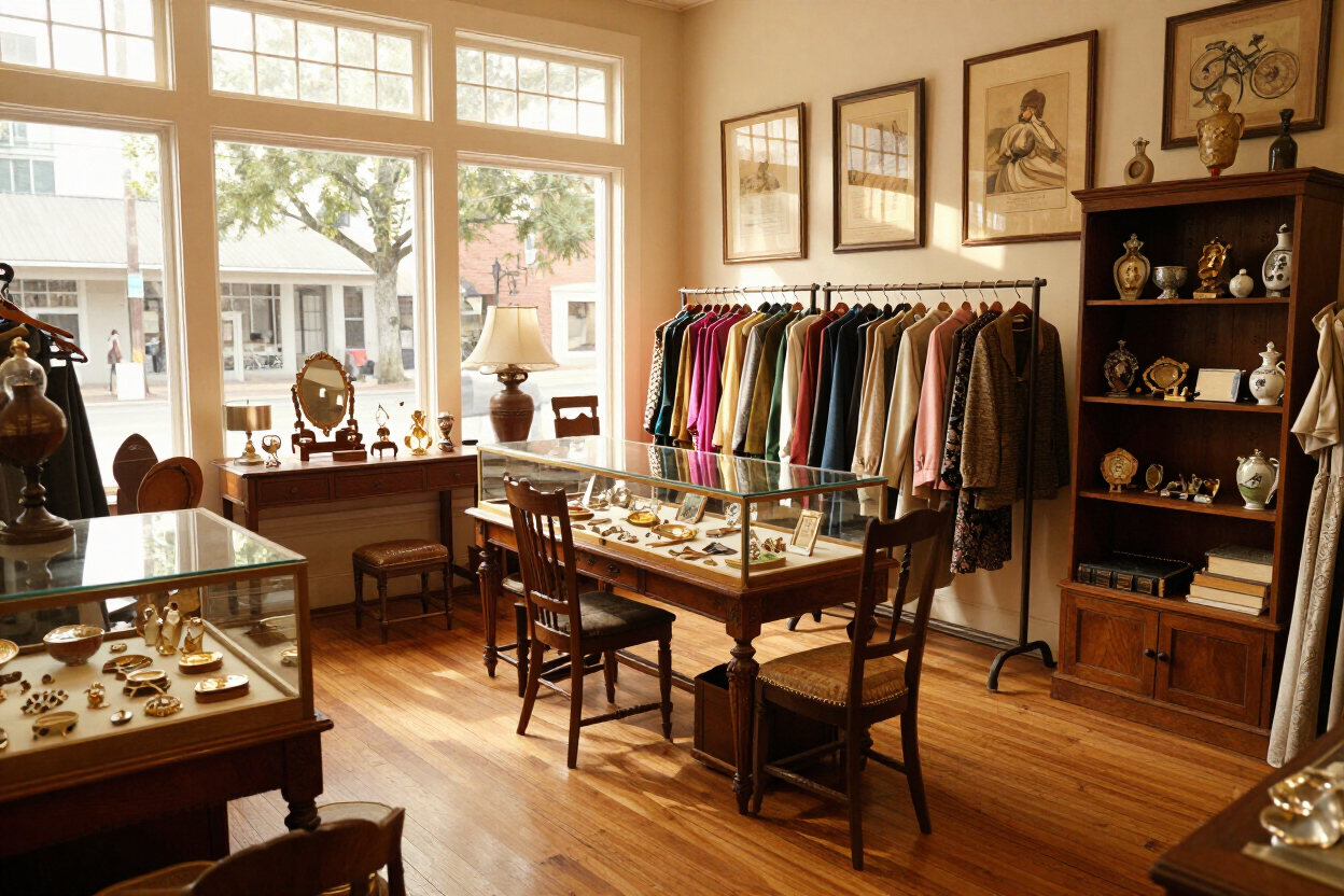 Boutique jewelry and clothing shop with wooden tables, shelves, and large front windows