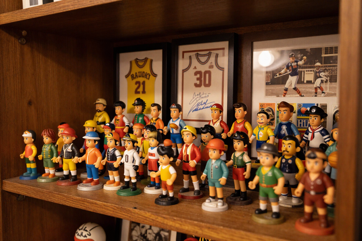 Shelf of figurines, vintage toys, and sports memorabilia