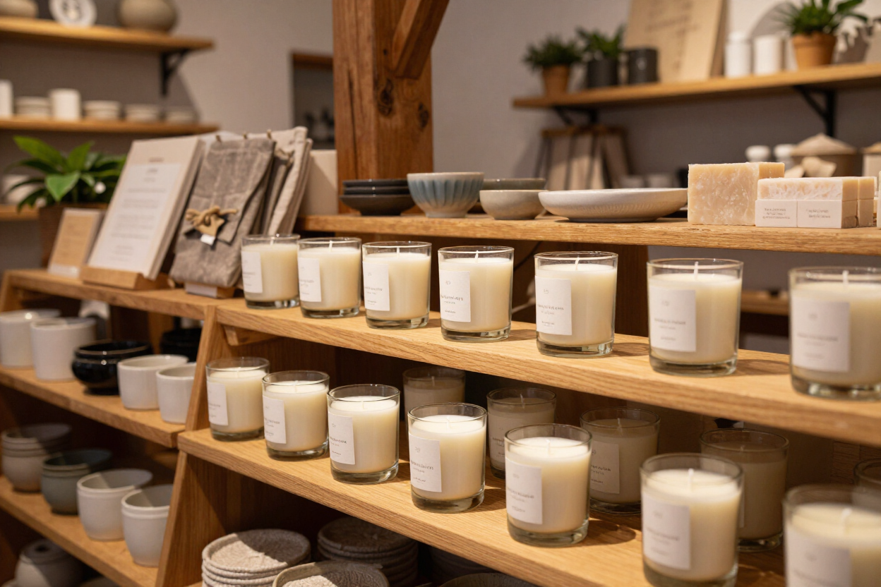 Artisan candles, small-batch jars, and handmade goods on market shelving