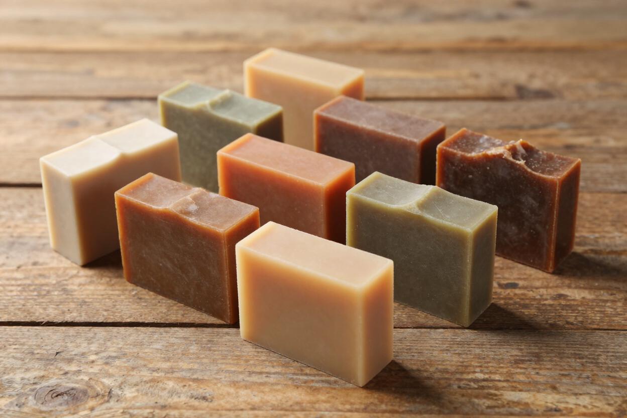 Handcrafted bar soaps in earthy colors on a rustic wood surface