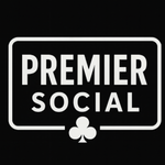 White “Premier Social” text within a white-bordered black rectangle, with a clover symbol below.