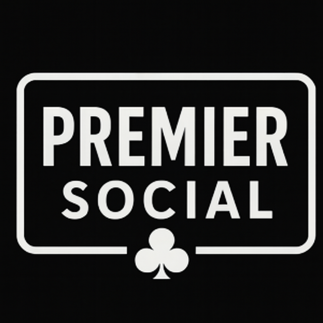 White &ldquo;Premier Social&rdquo; text within a white-bordered black rectangle, with a clover symbol below.