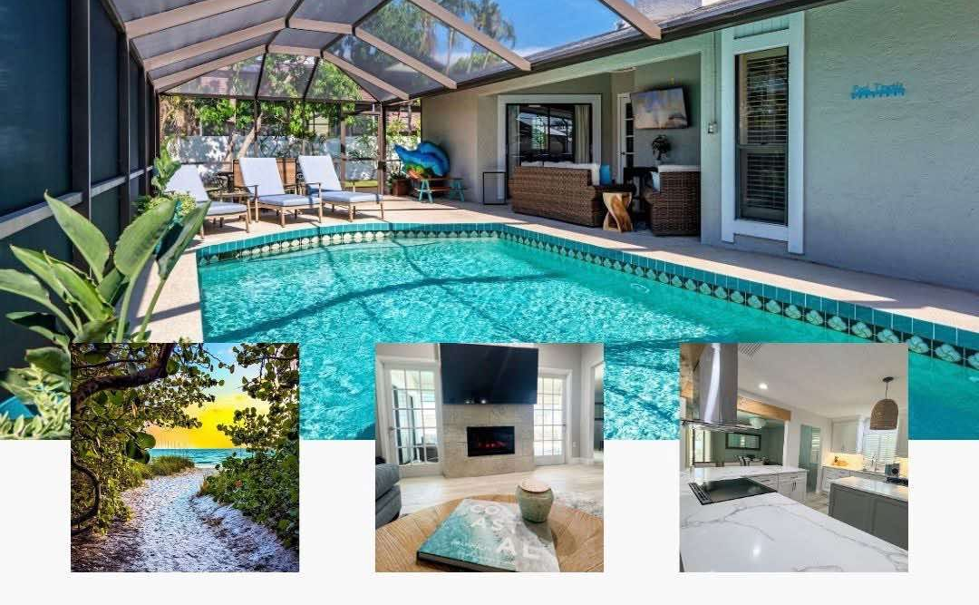 Modern patio with turquoise pool, lounge chairs, and indoor-outdoor living area; small inset room photos.
