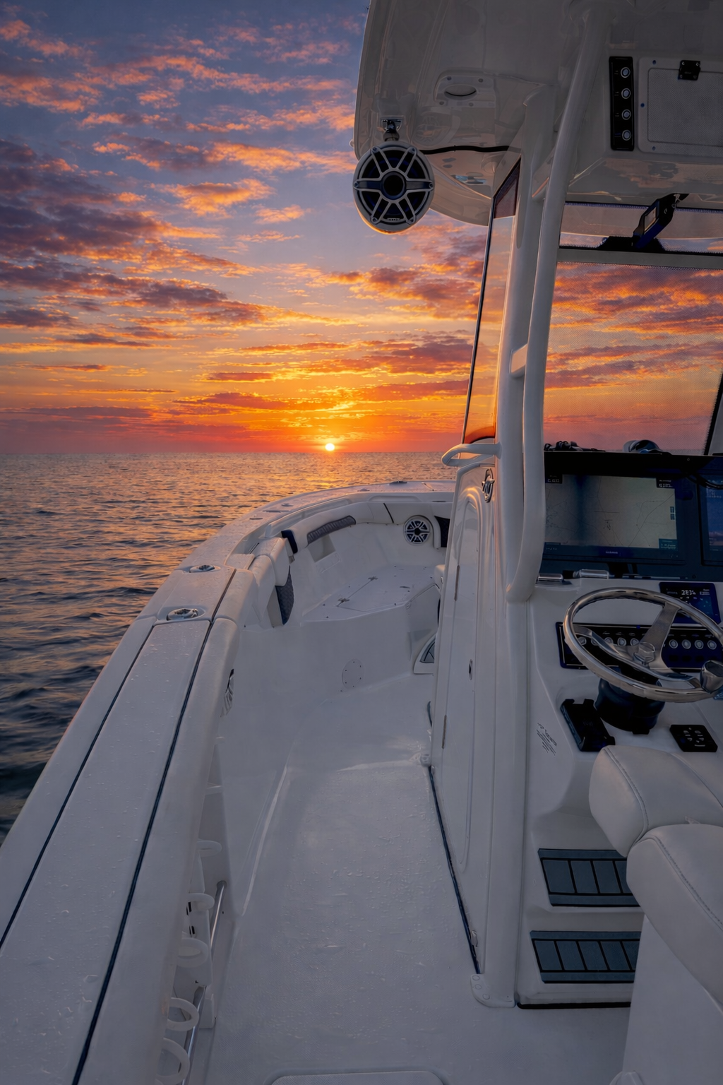 Sunset over the ocean from a white boat deck, with orange clouds and the sun near the horizon.