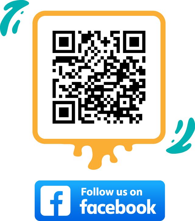 QR code inside orange speech bubble with Facebook follow button below