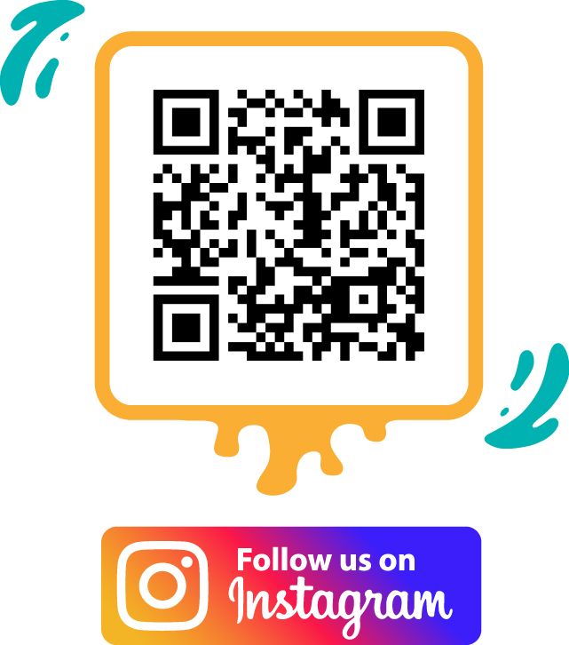 Instagram follow graphic with QR code in a yellow-orange frame and logo banner below
