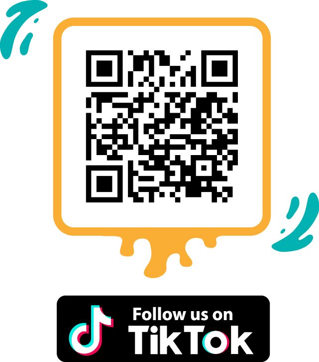 QR code with TikTok follow banner in black, white, orange, and teal accents