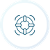 Blue circular support/medical icon with a hand holding a cross in the center