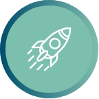 White rocket icon inside a teal circular badge