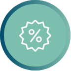 Teal discount badge with a white percent symbol and scalloped outline