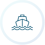 Boat on waves in a blue circle.