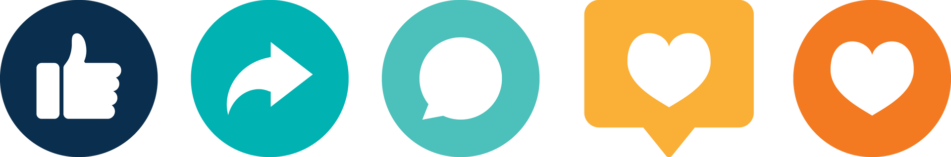 Five colorful social media reaction icons: thumbs up, share arrow, smiley face, heart, and heart in chat bubbles