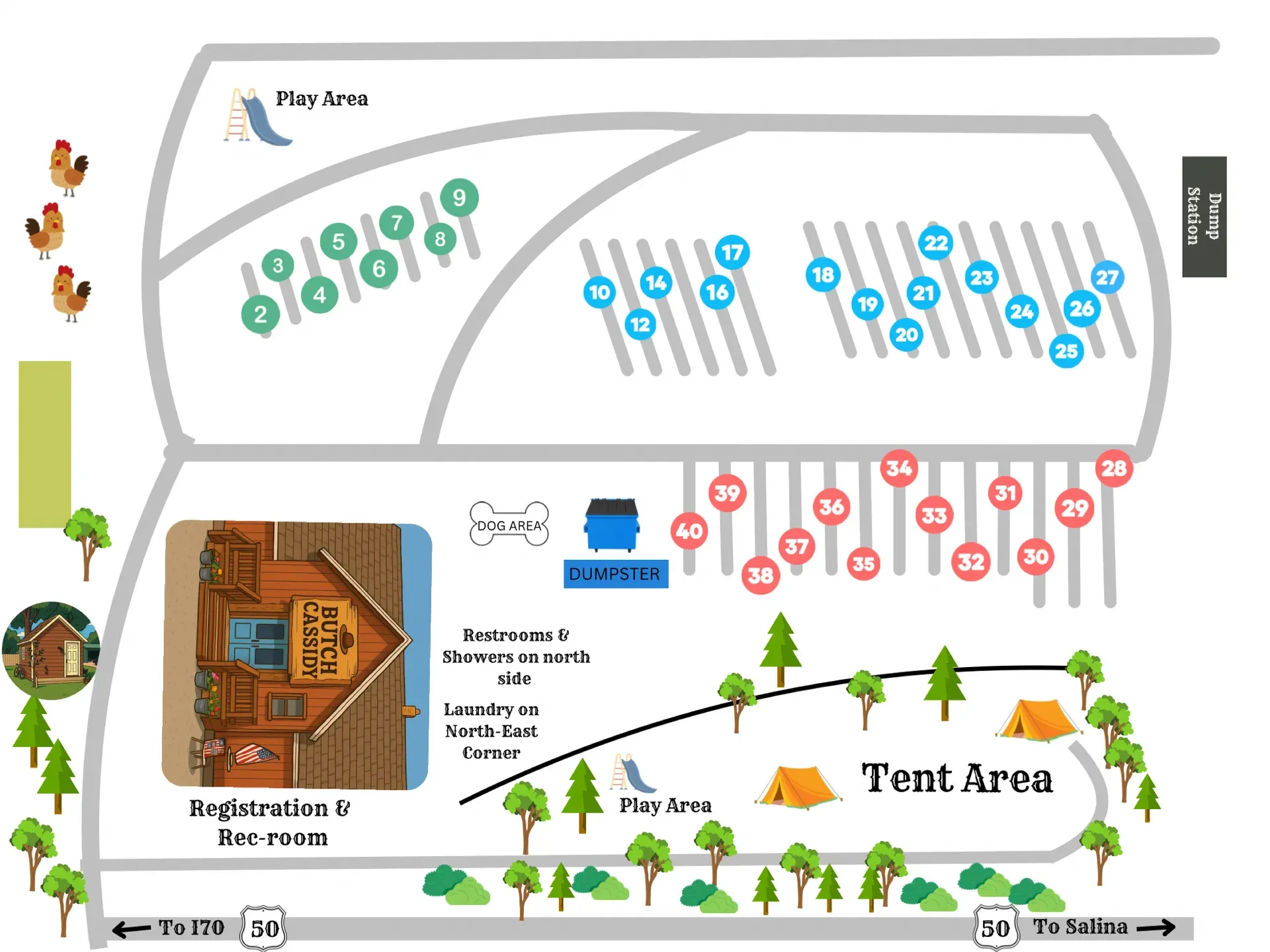 A map of a campground with a cabin and tent area.