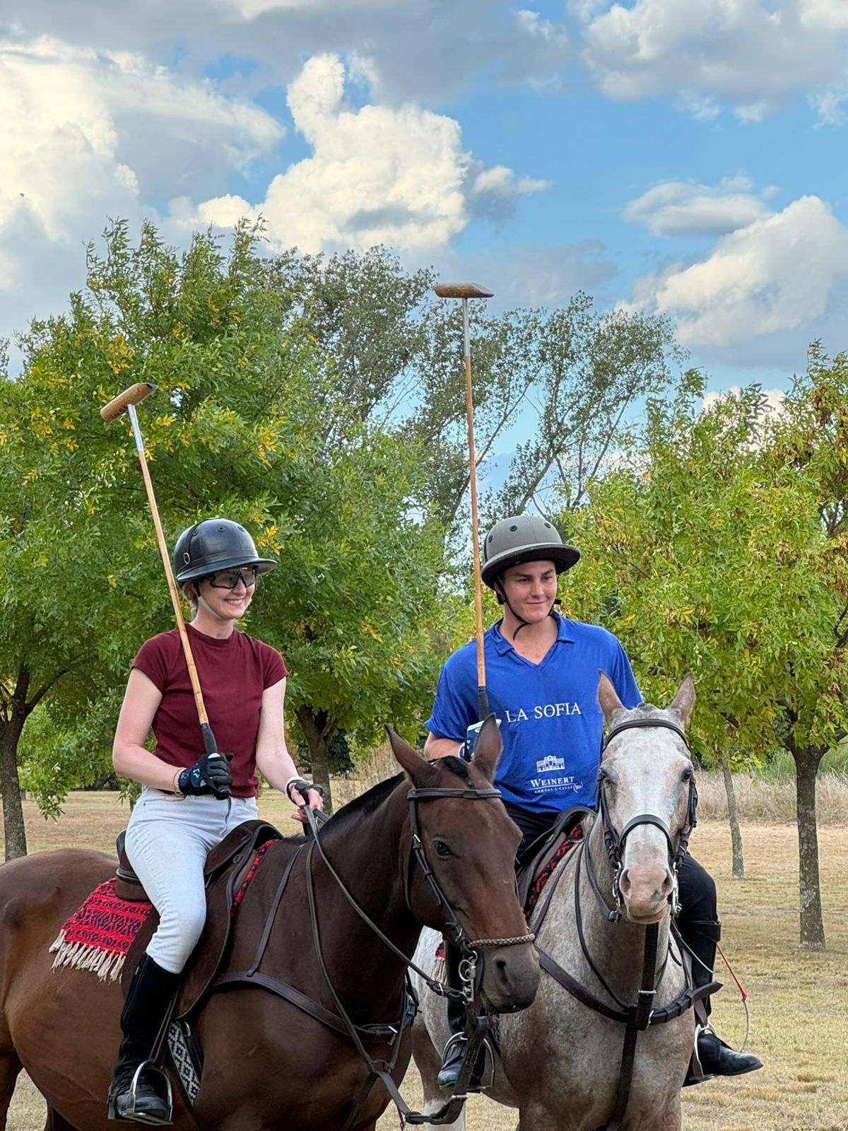 Two riders on horseback playing polo on a grassy field under a cloudy sky